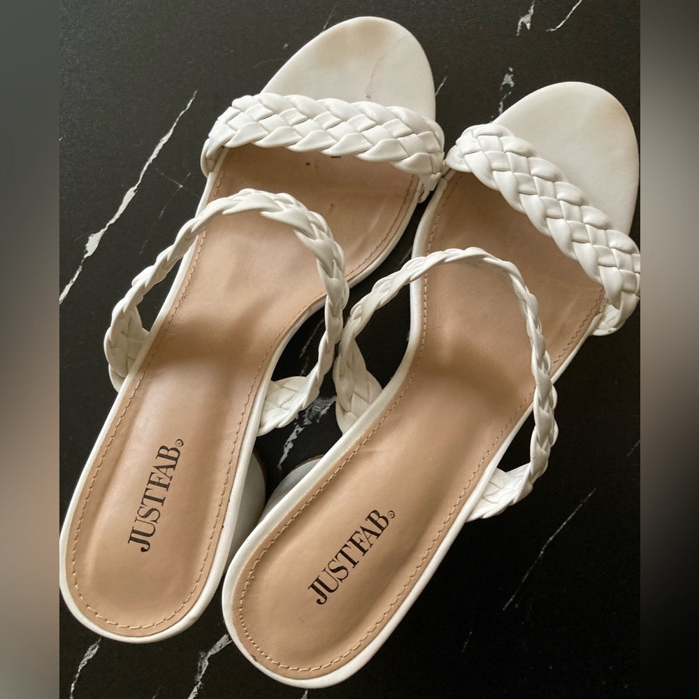 Just fab white and tan heeled sandals